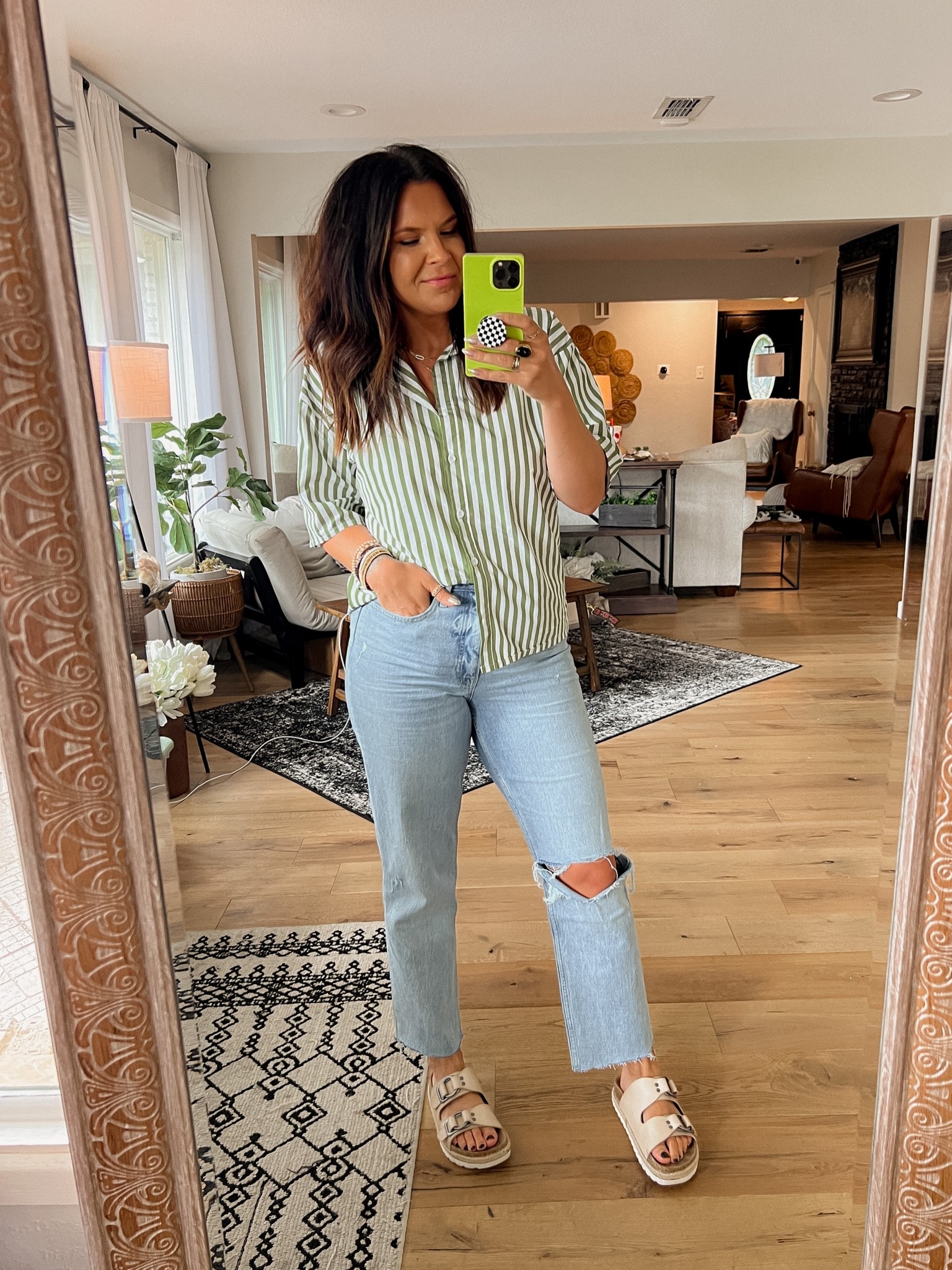 Top is apart of a set: Large
Jeans: Size 10, rigid cotton, tight but suck you in. 
Sandals: size down

#LTKshoecrush #LTKunder50 #LTKstyletip