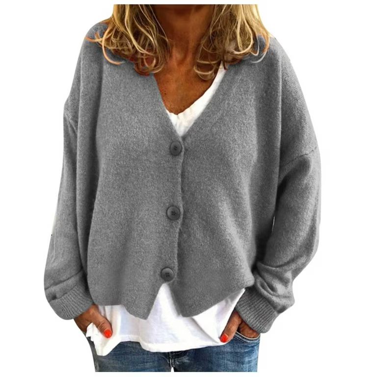 Cardigan Fashion Women Solid V-Neck Buttons Casual Stretchy Knitted Sweater Cardigan Coat Gray S | Walmart (US)