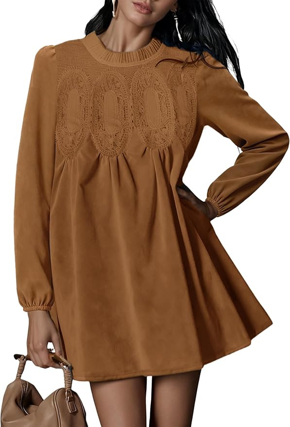 Athlisan Women's 2025 Fall Mini Dress Long Sleeve Faux Suede Lace Patchwork Babydoll A-Line Swing... | Amazon (US)