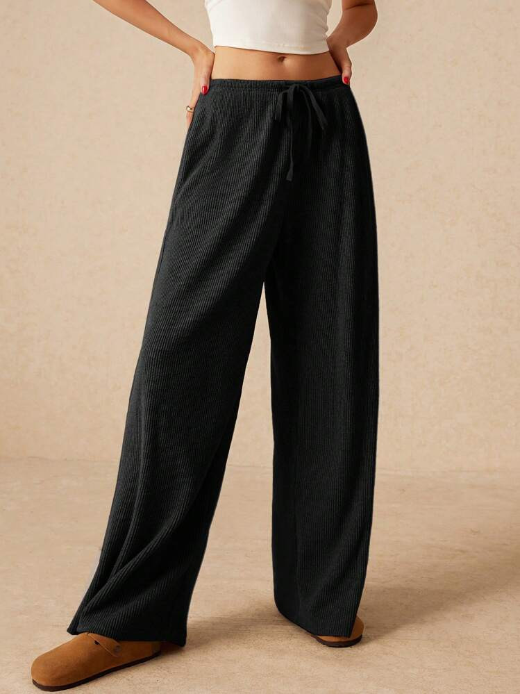 Poéselle Fall Women's Clothing, Wide Leg Low Rise Comfortable Casual Flowy Pants, Women's Bottoms, Streetwear, Winter Clothes,Ladies Late Fall Casual Drawstring,Pocket Drop Waist Wide Leg Long Black Loose Women Pants,Casual Daily Wear | SHEIN