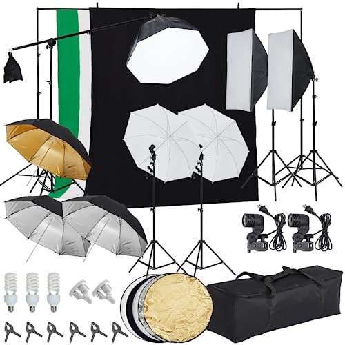 PioneerWorks Photography Lighting kit with Backdrops, 8.5ftx10ft Backdrop Stand, 5 tripod stands and Bulb, Umbrella Softbox Continuous Lighting, Photo Studio Equipment for Portrait Product Photo Shoot | Amazon (US)