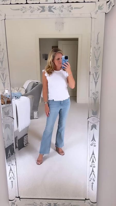 Mersea denim is one is my very favorite brands! Super soft denim with the perfect amount of stretch that holds everything in place, if you know what I mean! 😉 
They fit true to size. This is a cropped Demi boot cut Jean. I am 5‘2“ tall so they hit me at the ankle. If you’re taller, they will be shorter on you. 

#LTKover40 #LTKSeasonal #LTKstyletip