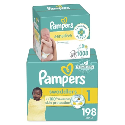 Pampers Swaddlers Disposable Baby Diapers Size 1, One Month Supply (198 Count) with Sensitive Water Based Baby Wipes 12 Flip-Top Packs (1008 Wipes Total) | Amazon (US)