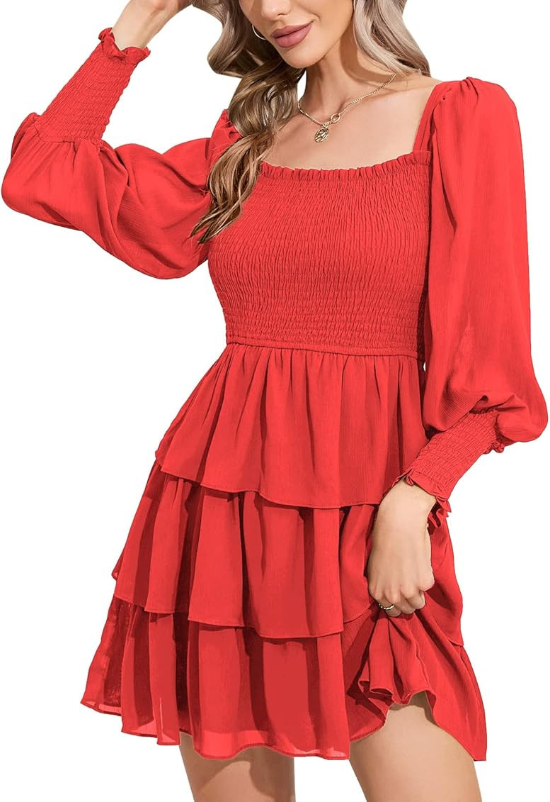 Byinns Women's Square Neck Ruffle Dress Long Sleeve Floral Print Tiered Tie Back Layered Swing Mini  | Amazon (US)