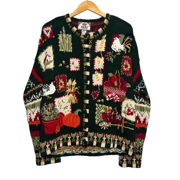 New Vintage Tiara International Sweater Size Medium Green Farmhouse Rooster Fall | Poshmark