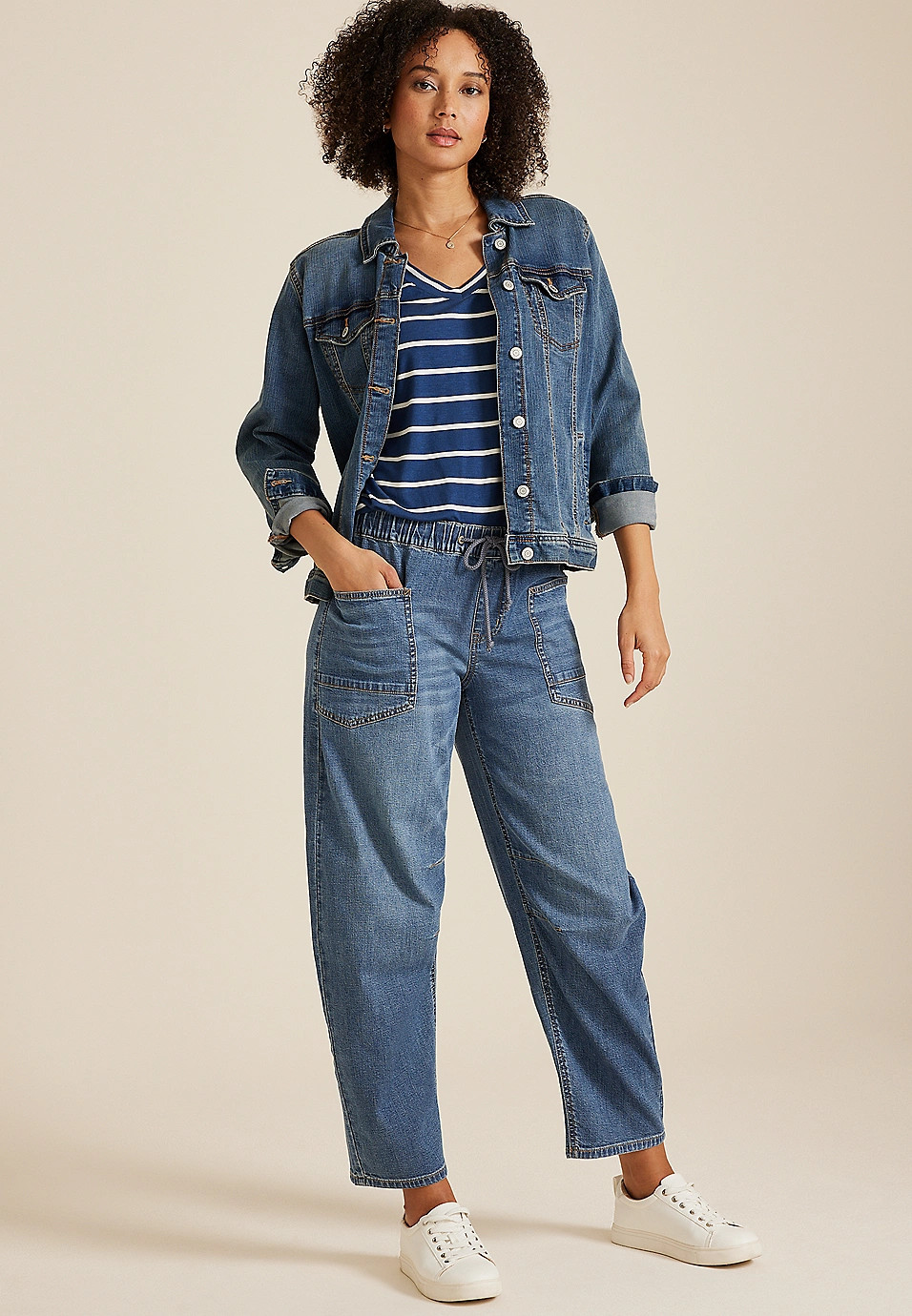 Dark Mid Rise Pull On Drawstring Barrel Jean | Maurices