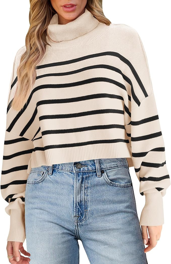 MEROKEETY Women's Turtleneck Striped Cropped Sweater 2023 Long Sleeve Oversized Ribbed Knit Pullo... | Amazon (US)