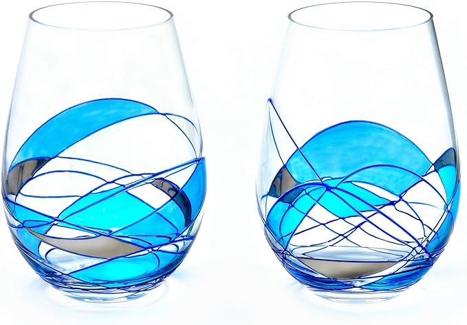 ANTONI BARCELONA Stemless Wine Glasses Set of 2 (21 Oz) - Handblown & Handmade, Painted Blue Wine... | Amazon (US)