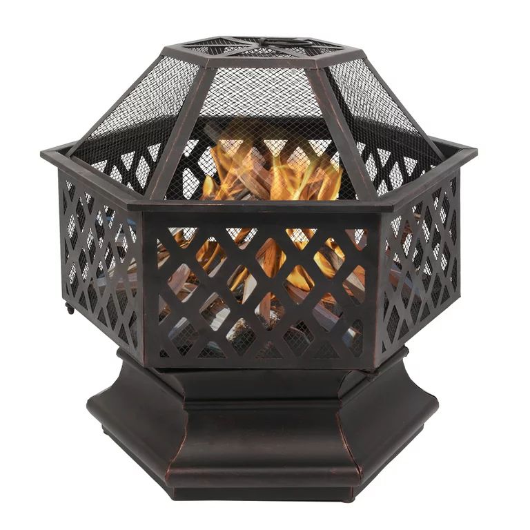 ROLLBACK! 22" Hexagonal Shaped Iron Brazier Wood Burning Fire Pit Decoration for Backyard Poolsid... | Walmart (US)