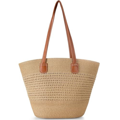 Trifabricy Beach Bags for Women - Large Straw Bag, Woven Beach Tote Shoulder Handbags, Straw Tote Bag for Summer Vacation, Khaki | Amazon (US)