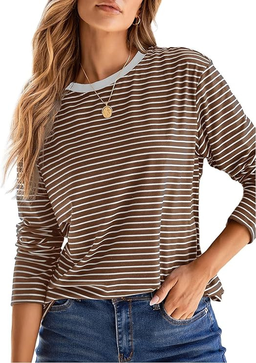 Dokotoo Women's Casual Striped Long Sleeve Tops Crew Neck Knit Basic T Shirts | Amazon (US)