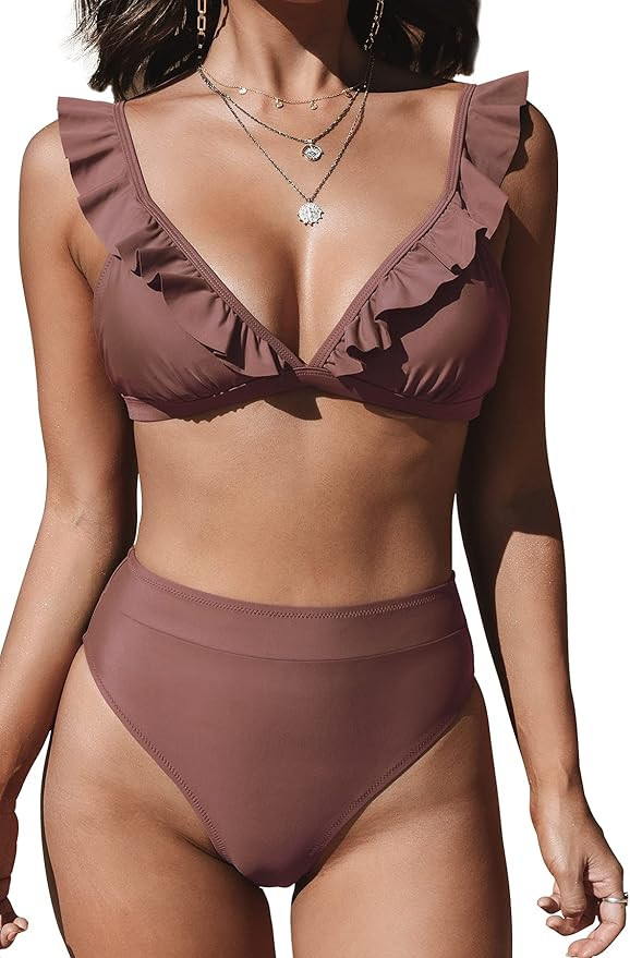 CUPSHE Women's High Waisted Ruffle Swimsuits 2 Piece Ruched Triangle Bikini Bathing Suits | Amazon (US)