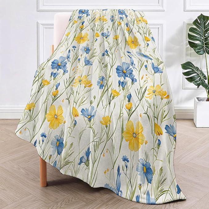 Wildflower Meadow Throw Blanket for Couch Picnic Camping Bedroom Decor, Vibrant Yellow Blue Flora... | Amazon (US)