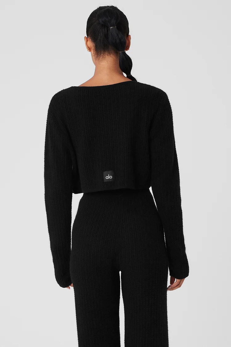 Cashmere Plush Waffle Cropped Long Sleeve - Black | Alo Yoga