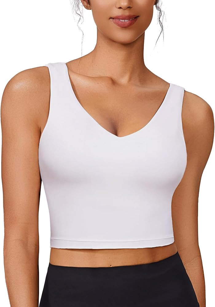 PINSPARK Sports Bras for Women Built in Bras Padded Yoga Bra V Neck Longline Workout Tank Tops wi... | Amazon (US)