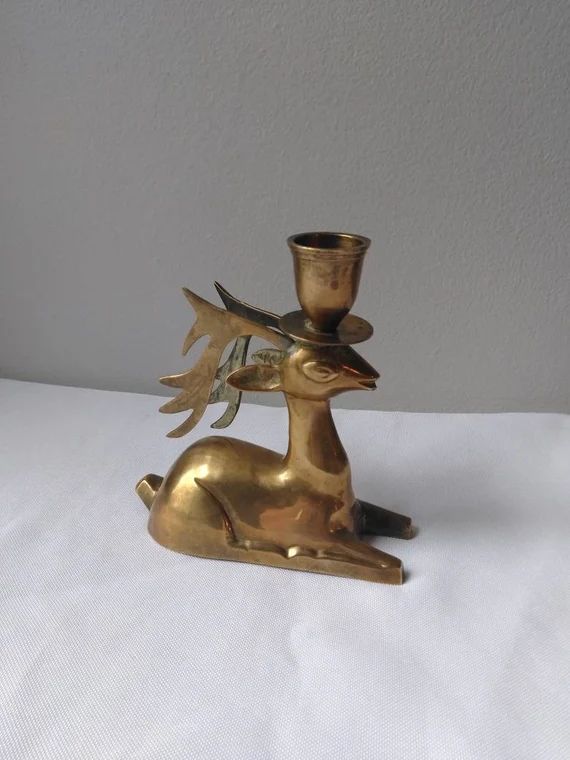 Vintage Brass Reindeer Deer Holiday Candle Stick Holder | Etsy (US)