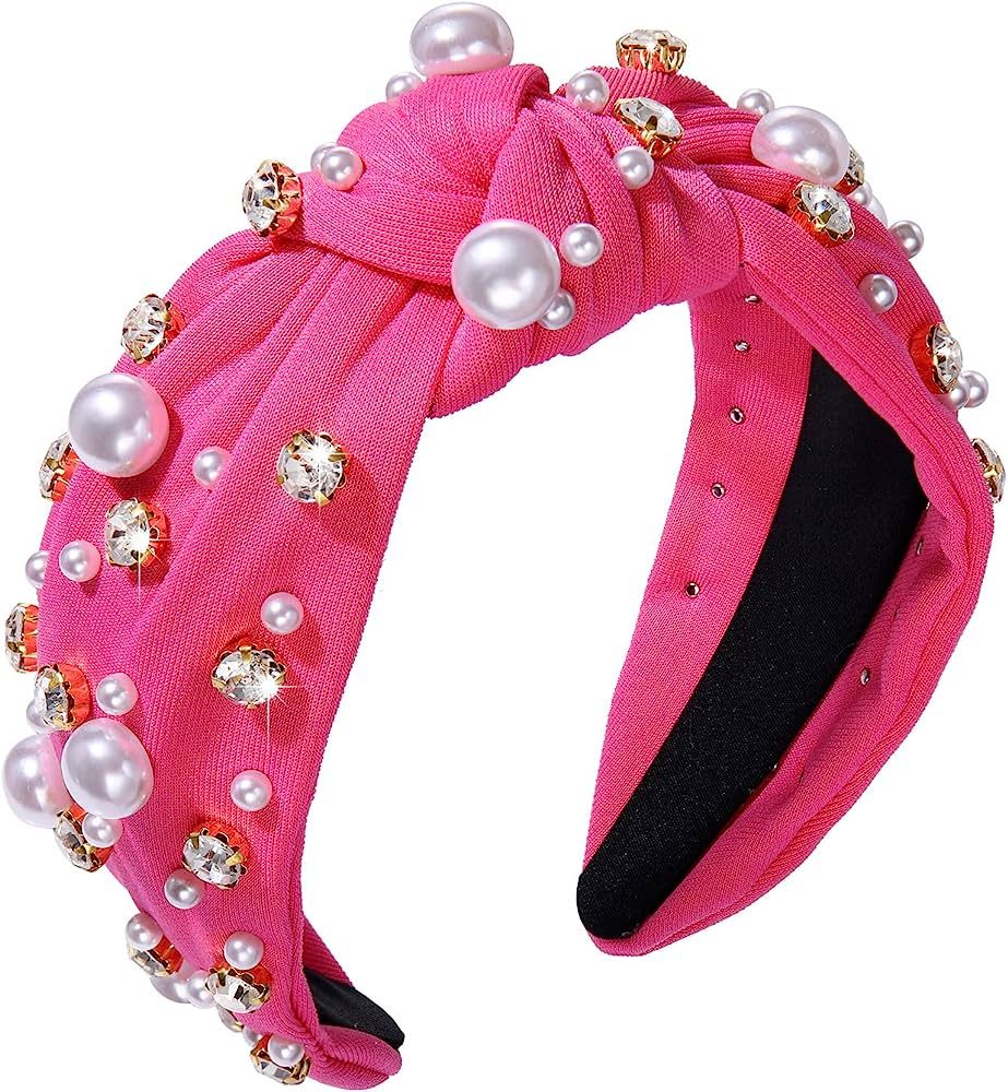 Pearl Knotted Headband for Women White Pearl Rhinestone Crystal Jeweled Embellished Hairband Fash... | Amazon (US)
