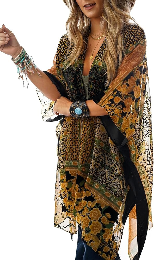 Women's Burnout Velvet Kimono Long Cardigan Cover Up Casual Outfit | Amazon (US)