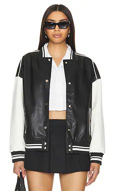 superdown Parker Faux Leather Varsity Jacket in Black & White from Revolve.com | Revolve Clothing (Global)