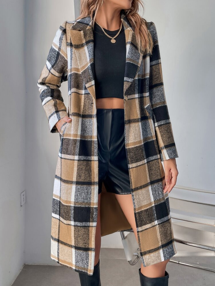 Plaid Lapel Collar Single Button Overcoat | SHEIN