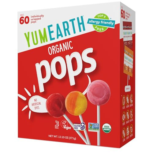 YumEarth Organic Pops Variety Pack, 60 Fruit Flavored Favorites Lollipops, Allergy Friendly, Gluten Free, Non-GMO, Vegan, No Artificial Dyes | Amazon (US)