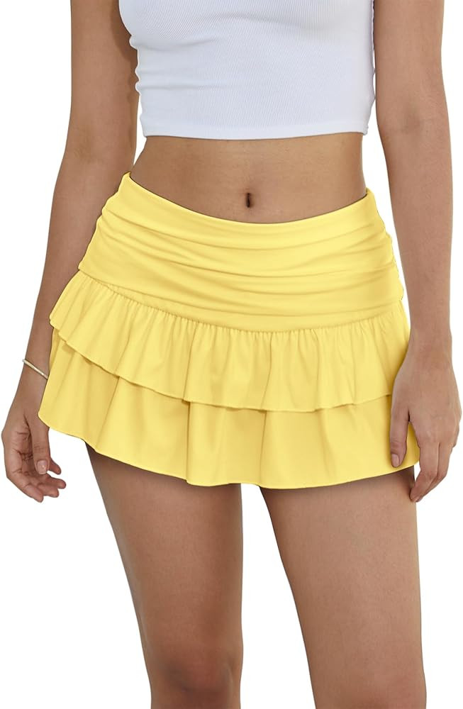 Mini Skirt - Y2K Ruffle Tiered Low Rise Fold Over Soild Micro Skorts | Amazon (US)