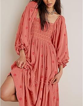 Shy Velvet Women's Summer Dresses 2024 Maxi Dress Long Sleeve Square Neck Embroidered Maxi Dress | Amazon (US)