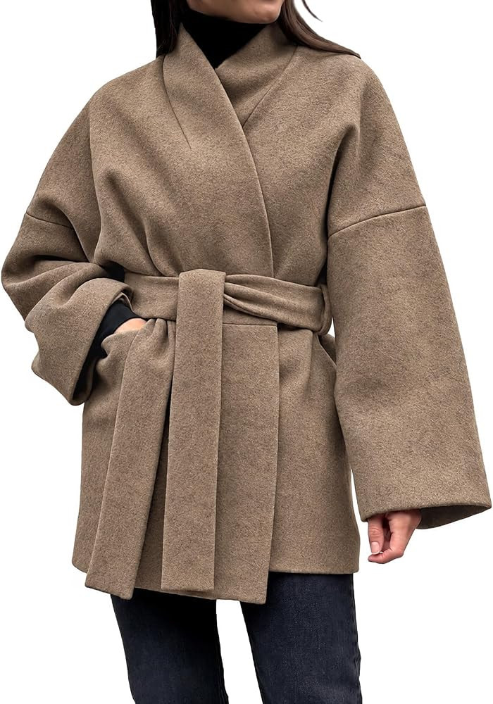 Tankaneo Womens Faux Wool Coat Long Winter Belted Wrap Oversized Jacket | Amazon (US)