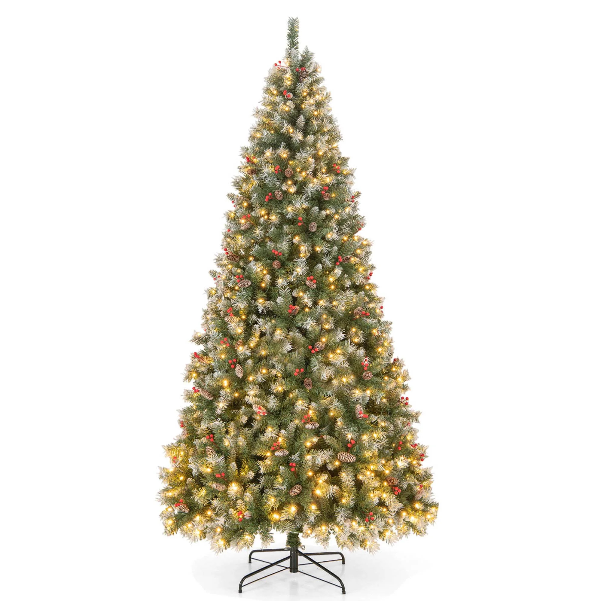 Costway 9 FT Artificial Christmas Tree Hinged with 650 Warm LED Lights & 309 Red Berries | Walmart (US)