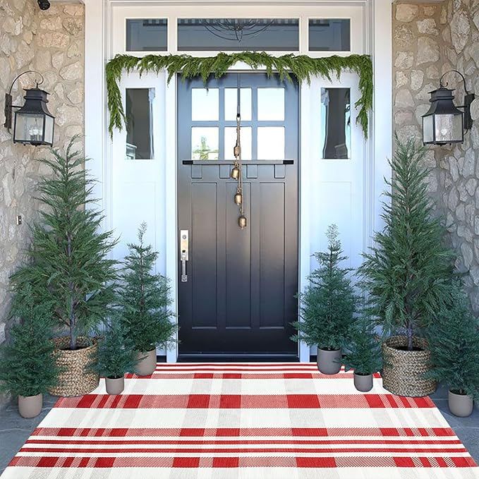 Christmas Door Mat Outdoor 3' x 5' Red and White Plaid Rug Christmas Decor Rug Cotton Hand-Woven ... | Amazon (US)