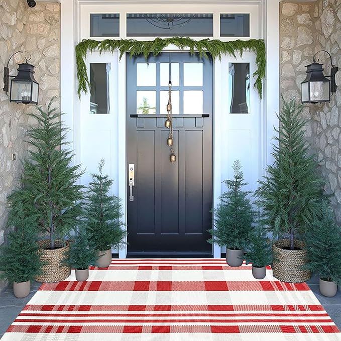 Christmas Door Mat Outdoor 3' x 5' Red and White Plaid Rug Christmas Decor Rug Cotton Hand-Woven ... | Amazon (US)