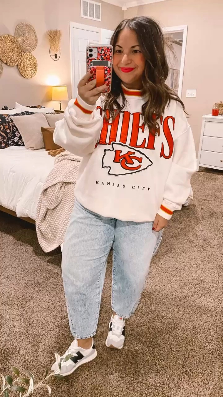 Give me ALL the Chiefs gear!! ❤️💛

sneakers: fit true to size // wearing a 3 in kids (linking adult sizes as well)
jeans: fit true to size // wearing a 14
crewneck: fits true to size // wearing a large 

 #LTKWatchNow #LTKSaleAlert #LTKStyleTip