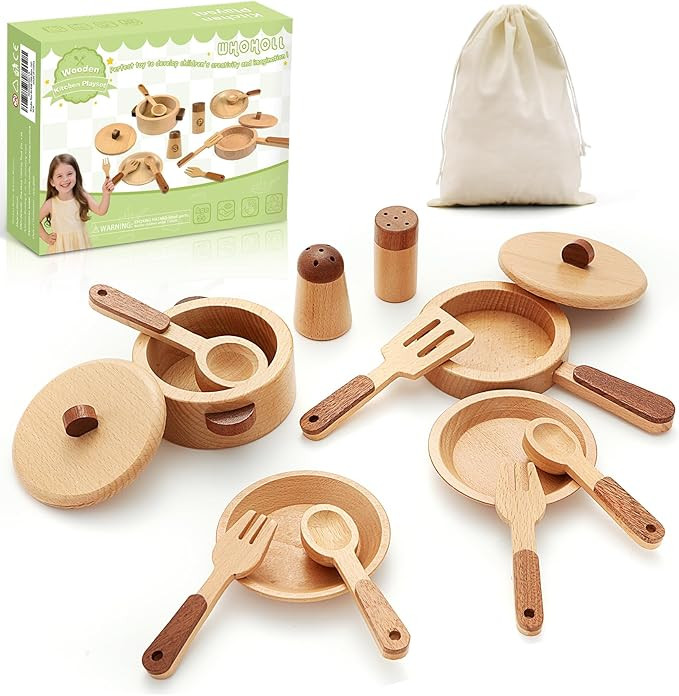 WHOHOLL Wooden Play Kitchen Accessories, Pretend Toys Pots and Pans Cooking Set for Toddlers 3 4 ... | Amazon (US)