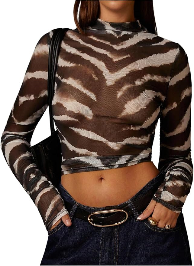 WDIRARA Women's Zebra Print Mesh Sheer T Shirts Mock Neck Long Sleeve Tee Y2k Fitted Crop Tops | Amazon (US)