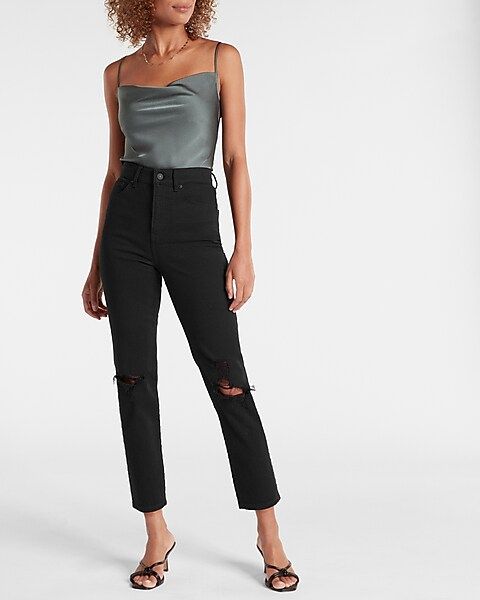 Super High Waisted Black Ripped Mom Jeans | Express