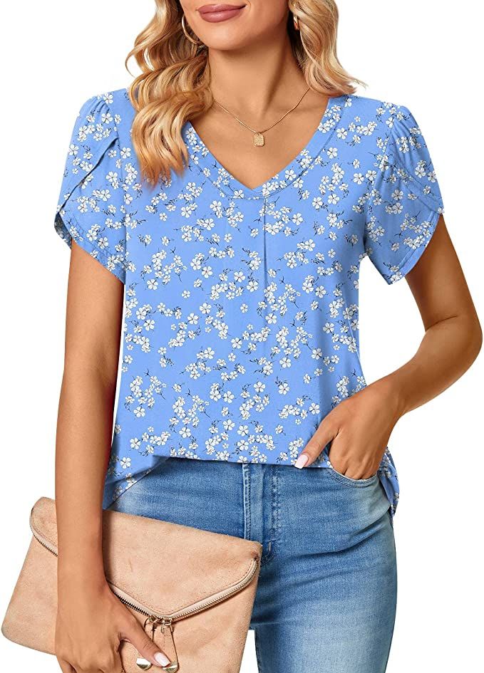 Bestbee Women's Petal Sleeve Tops V Neck Short Sleeve Shirts Cute Summer Casual T-Shirts Loose Fi... | Amazon (US)