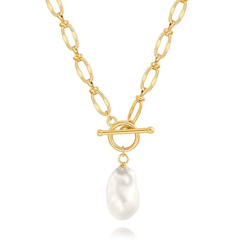 Statement Baroque Pearl Pendant Necklace for Women Trendy Dainty Gold Plated Chain Necklace Simple Gold Toggle Necklace | Amazon (US)