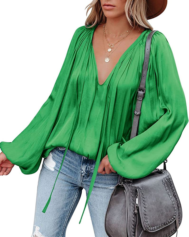 LAMISSCHE Womens Sexy Deep V Neck Blouse Lantern Long Sleeve Chiffon Shirt Oversized Drawstring S... | Amazon (US)
