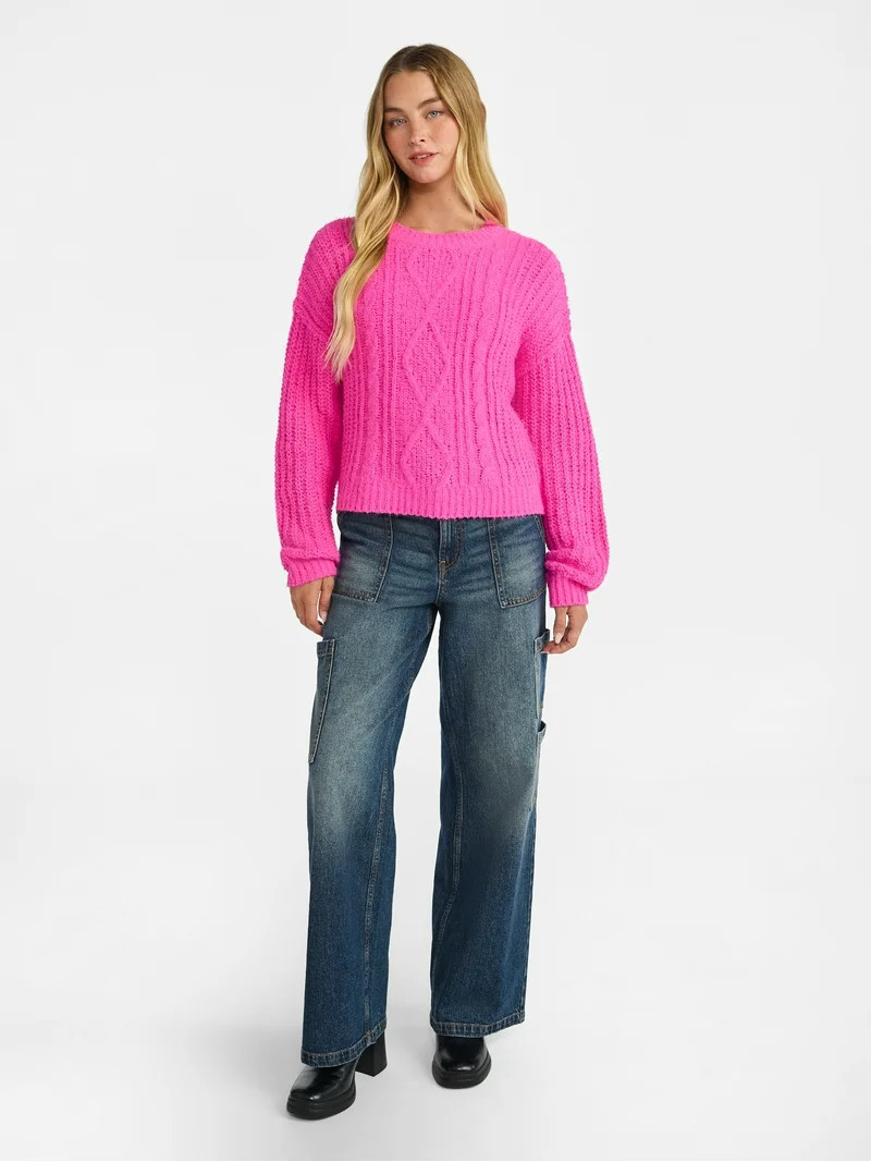 No Boundaries Cable Knit Sweater, Midweight, Women's | Walmart (US)