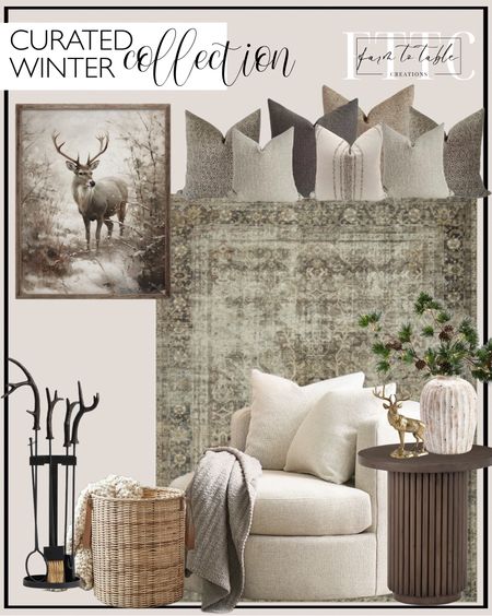 Curated Winter Collection.  Follow @farmtotablecreations on Instagram for more inspiration. Magnolia Home By Joanna Gaines X Loloi Sinclair Machine Washable Pebble / Taupe Area Rug Sale  Sectional Sofa Pillow Combo 'Synergy', Sectional Pillows, Pillow Set for Sectional Sofa, Sofa Pillow Combo, HACKNER HOME PILLOWS. Vintage Winter Print | PRINTABLE Wall Art | Snowy Art Print | Winter Forest Landscape Painting Painting | Winter Cottagecore Decor. Pim Side Table. McGee & Co. Best Selling Balboa Upholstered Swivel Armchair. Weathered Handcrafted Terracotta Vases.  Lit Faux Pine Bundle. Austin Handwoven Tote Baskets. Winter Reindeer in the Snow Painting | Stag Wildlife Print | Rustic Christmas Decor | Farmhouse | Digital Download. Figural Stag Object. Antler Fireplace Tool Set. 

#LTKfindsunder100 #LTKhome #LTKsalealert
