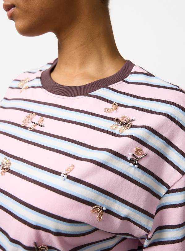 Pink Stripe Boxy Fit Embellished Top M | Tu Clothing