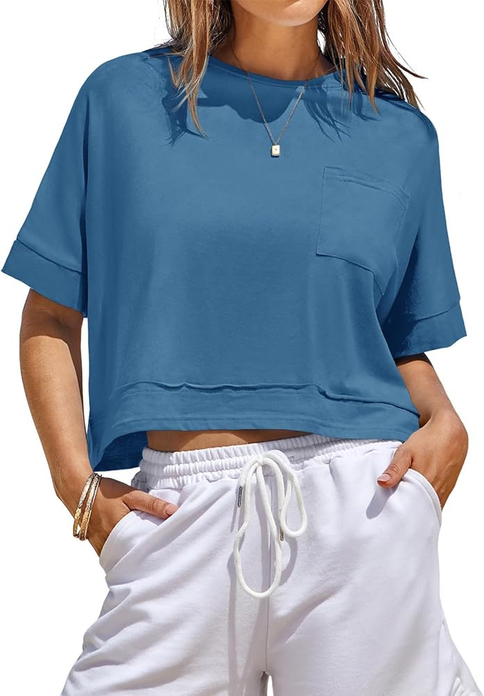 Fisoew Womens Oversized Crop Tops Workout Short Sleeve T Shirts Summer Casual Loose Fit Basic Tee... | Amazon (US)