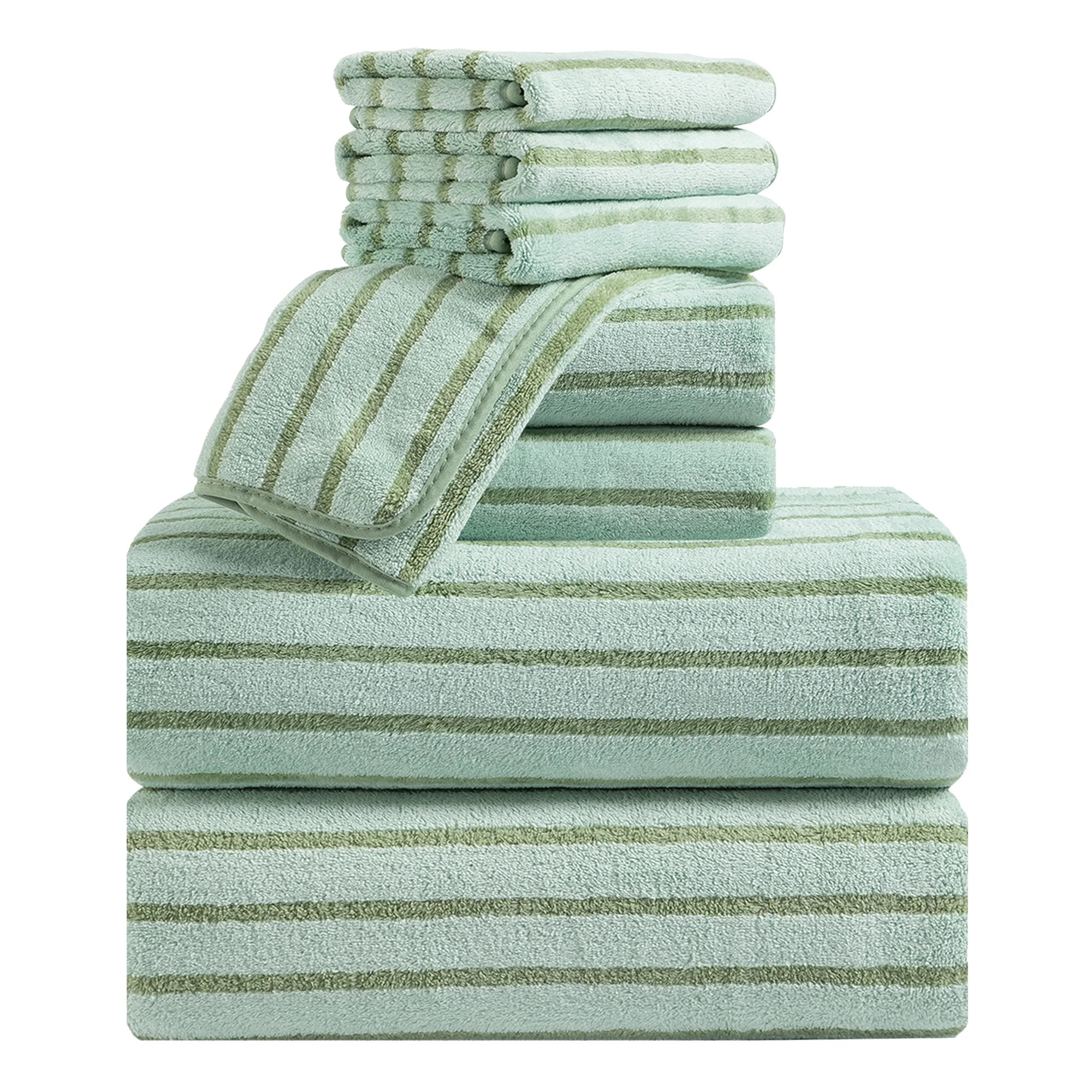 Jessy Home 8 Pcs Light Green Bicolor Bar Stripe Large Bath Towels Set 2 Oversized Bathroom Towels... | Walmart (US)