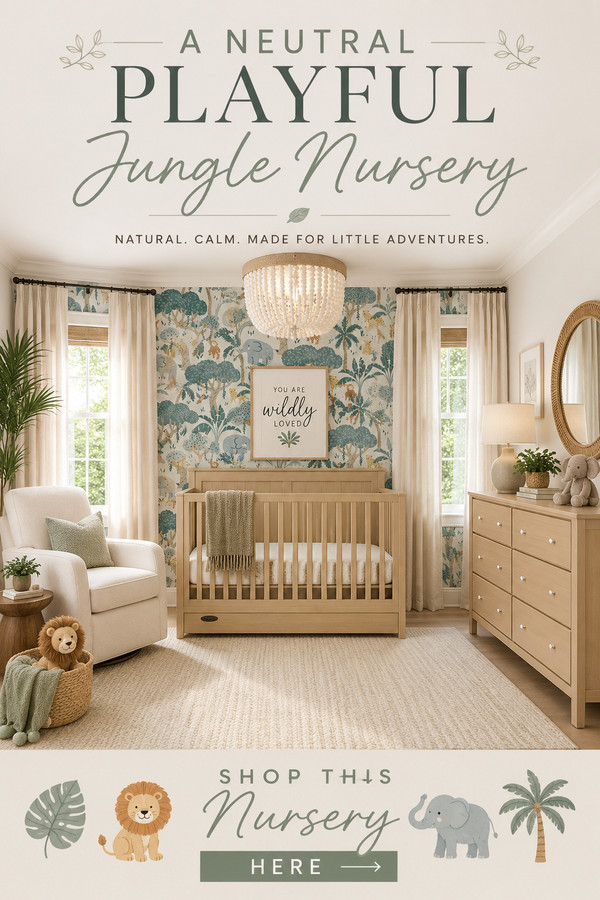 Design a cozy neutral jungle nursery with playful safari wallpaper, warm natural wood furniture, soft textures, and calm