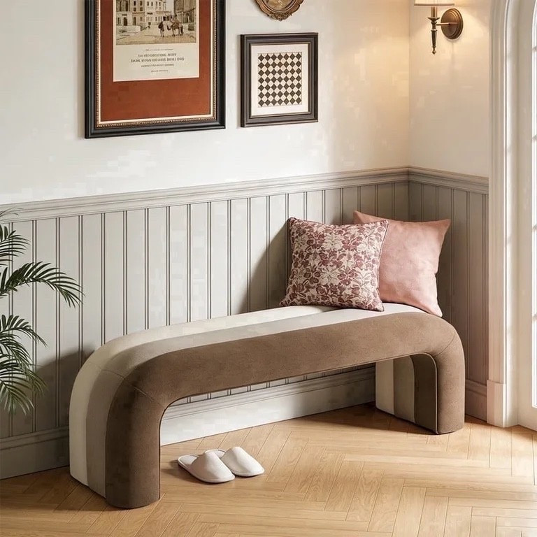 Gericco 45" Boucle Upholstered Bench with Ombre Design and No Assembly Required for Entryway Bedroom, Khaki