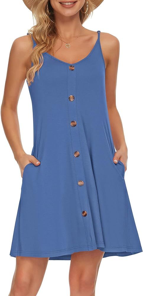 WNEEDU Women's Summer Spaghetti Strap Button Down V Neck Casual Beach Cover Up Dress with Pockets | Amazon (US)