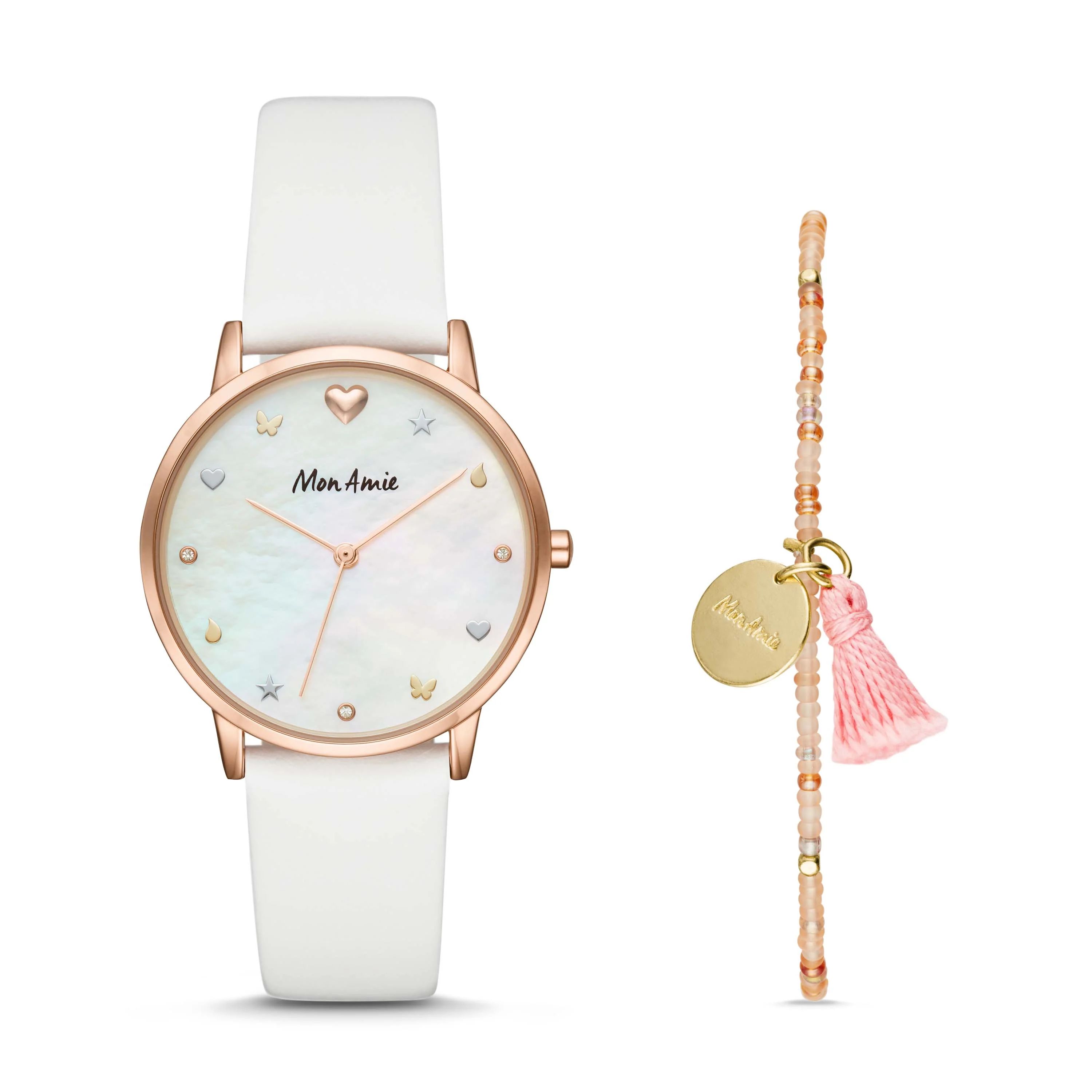 Mon Amie Iconic Health White Leather Watch and Bracelet Set | Mon Amie Watches