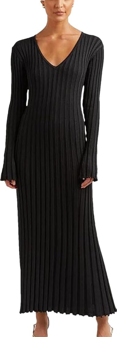 Winter Maxi Sweater Dress Long Sleeve Ribbed Knit Bodycon Sweater Dress for Women V-Neck Midi Wra... | Amazon (US)
