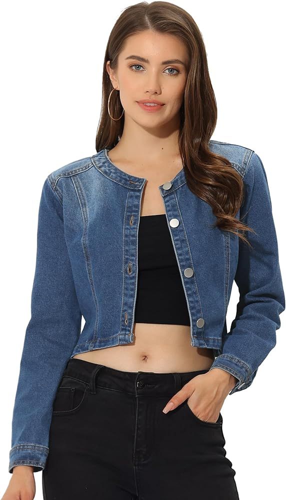Allegra K Denim Jacket for Women's Collarless Button Down Crop Jean Jackets | Amazon (US)