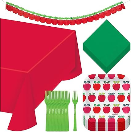 Apple Party Supplies - Red Apple Variety Square Paper Dessert Plates, Napkins, Table Cover, Forks... | Amazon (US)